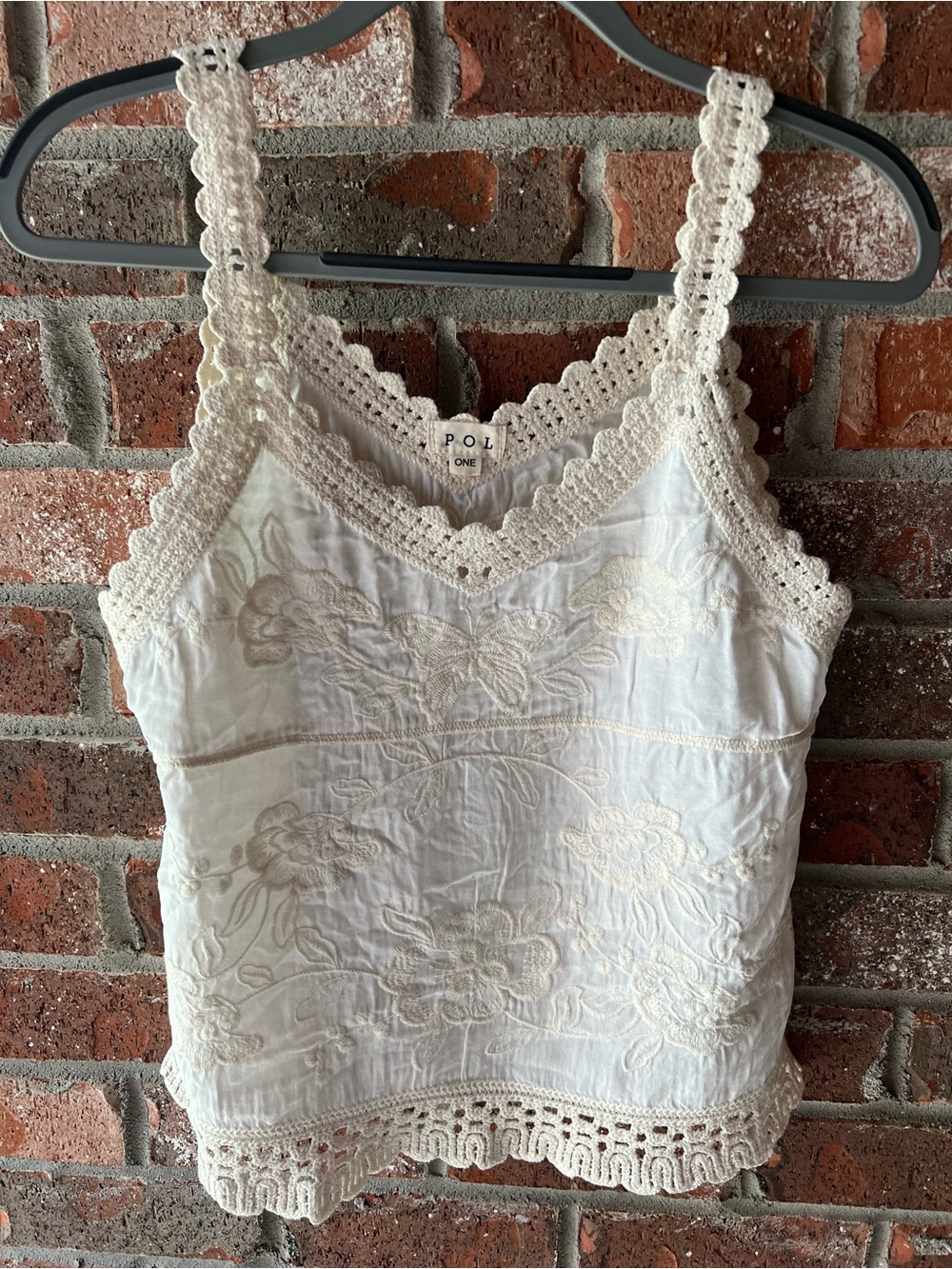 P.O.L. Crochet Trim Floral Embroidered Tank - Cream size One